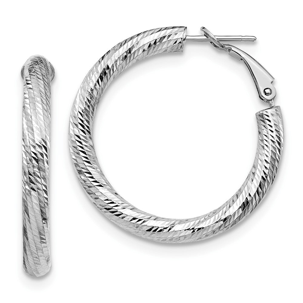 14k White Gold 4x25 White Gold Diamond-Cut Round Omega Back Hoop Earrings