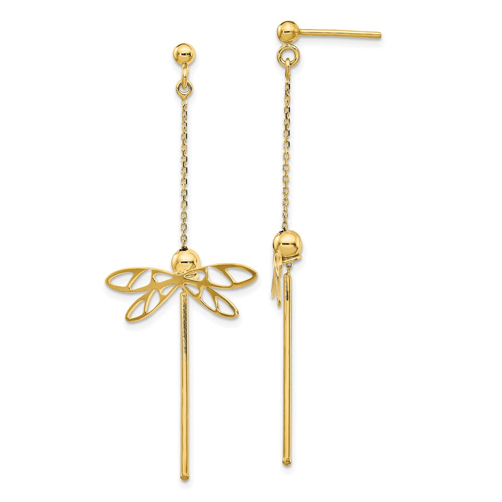 14k Yellow Gold Polished Dragonfly Post Dangle Earrings