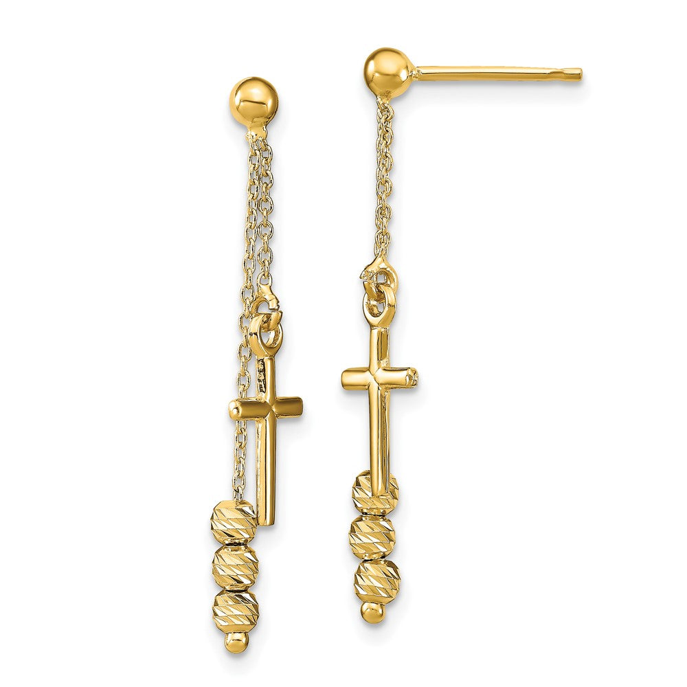 14k Yellow Gold Polished Diamond-Cut Cross Beaded Post Dangle Earrings