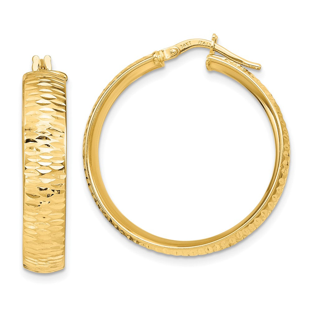 14k Yellow Gold Polished Diamond-Cut Round Hoop Earrings