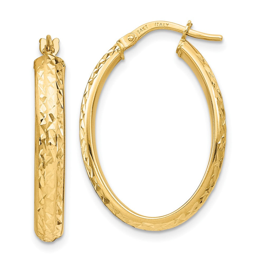 14k Yellow Gold Polished Diamond-Cut Oval Hoop Earrings