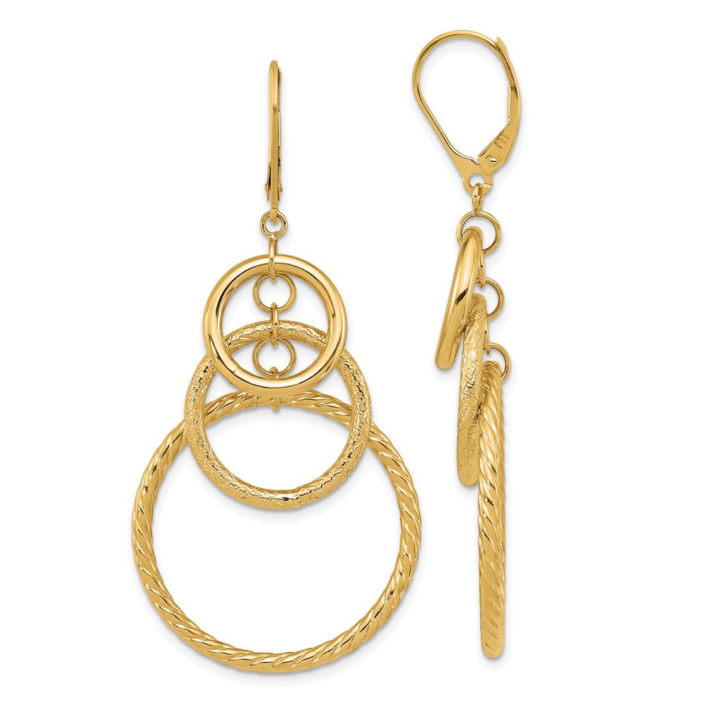 14k Yellow Gold Polished and Textured Leverback Dangle Earrings