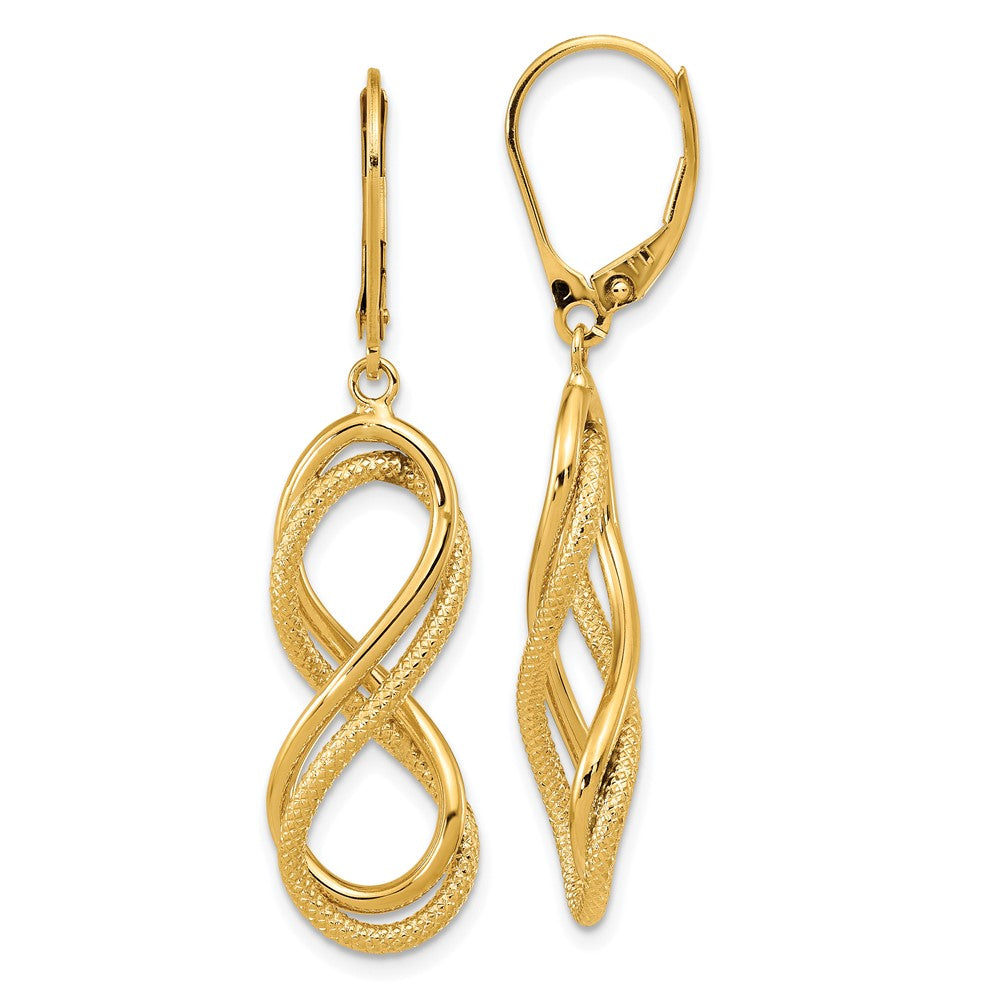 14k Yellow Gold Polished Textured Infinity Leverback Dangle Earrings