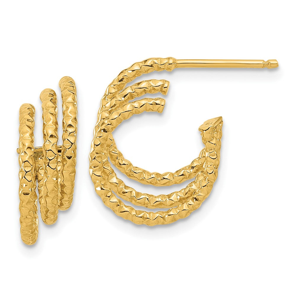 14k Yellow Gold Polished and Hammered Post Hoop Earrings