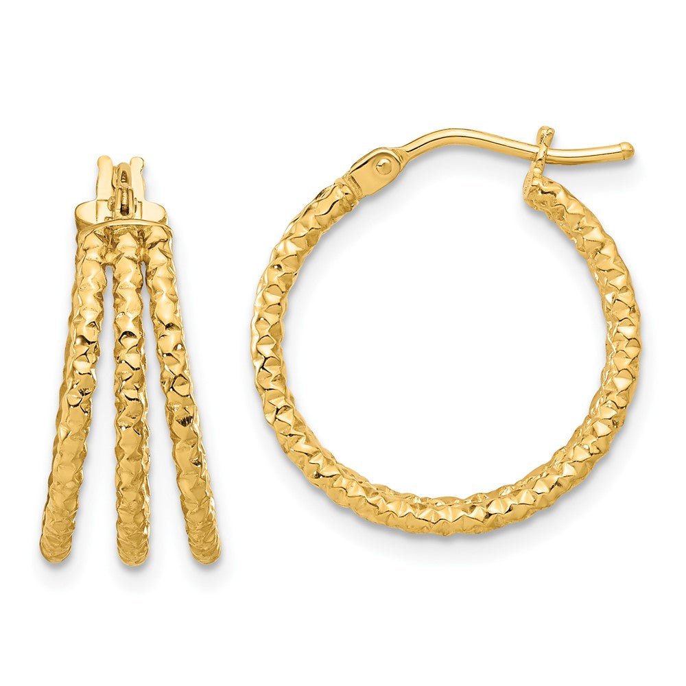 14k Yellow Gold Polished and Textured Three Row Hoop Earrings