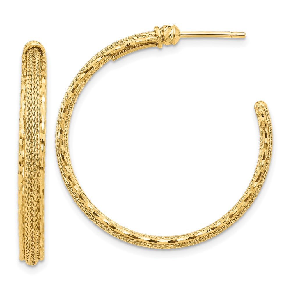 14k Yellow Gold Diamond-cut and Textured Post Hoop Earrings