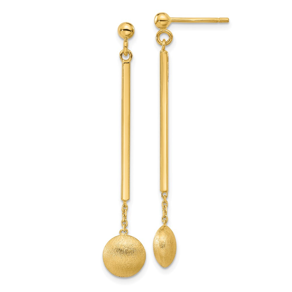 14k Yellow Gold Polished Bar with Brushed Bead Dangle Earrings