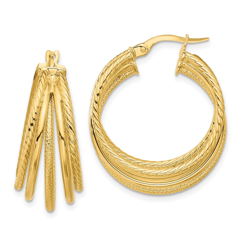 14k Yellow Gold Polished and Multi Textured Hoop Earrings