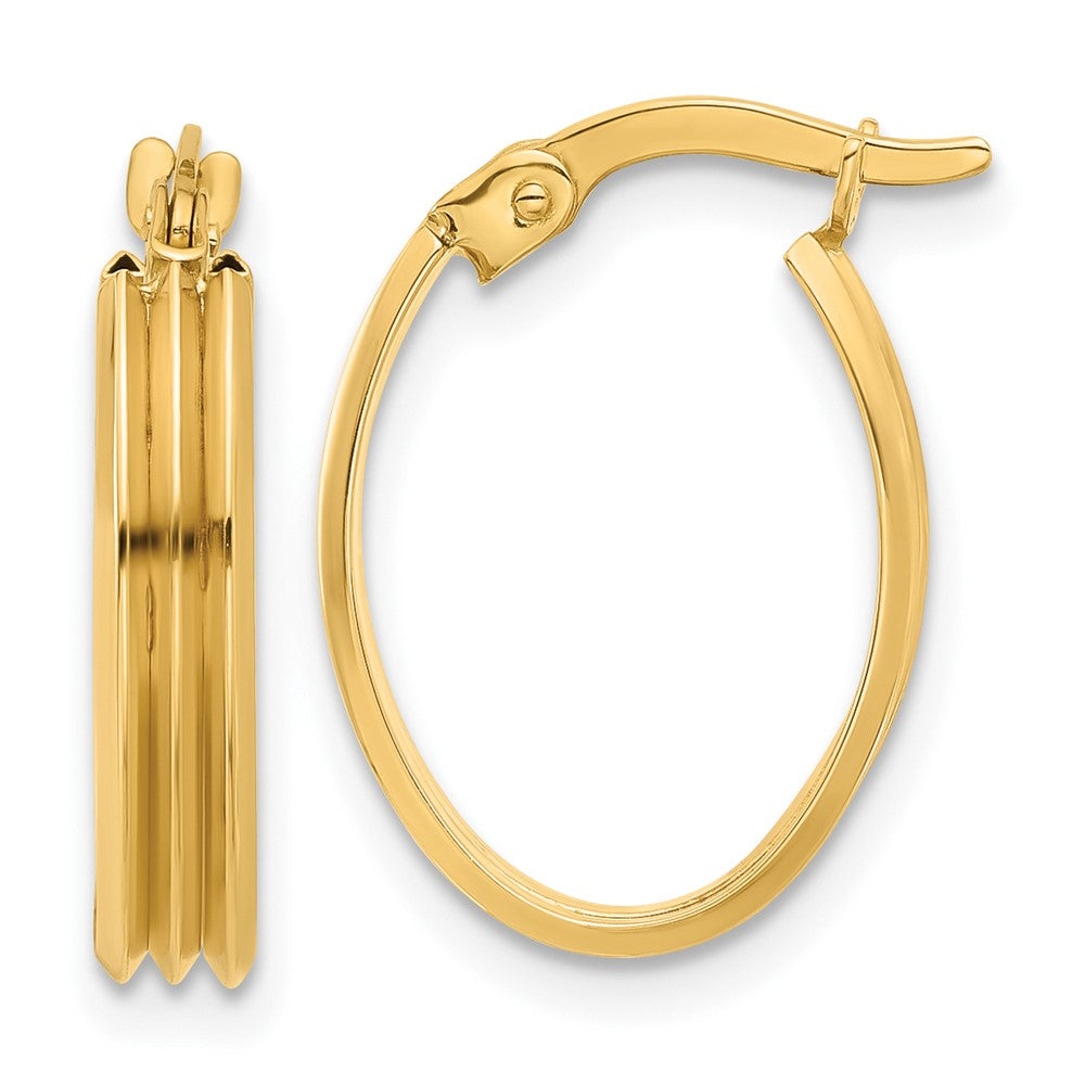 14k Yellow Gold Polished and Grooved Oval Hoop Earrings