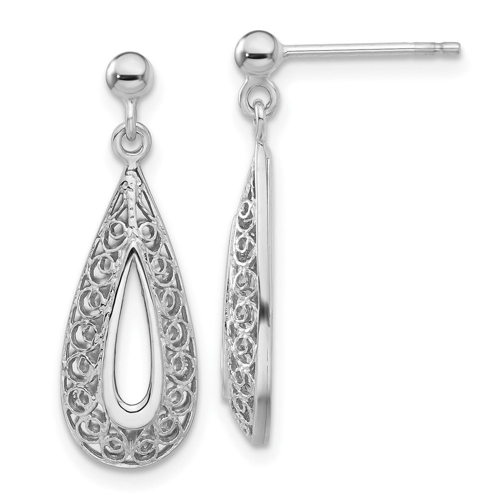 14K White Gold Filigree Teardrop Post Dangle Earrings