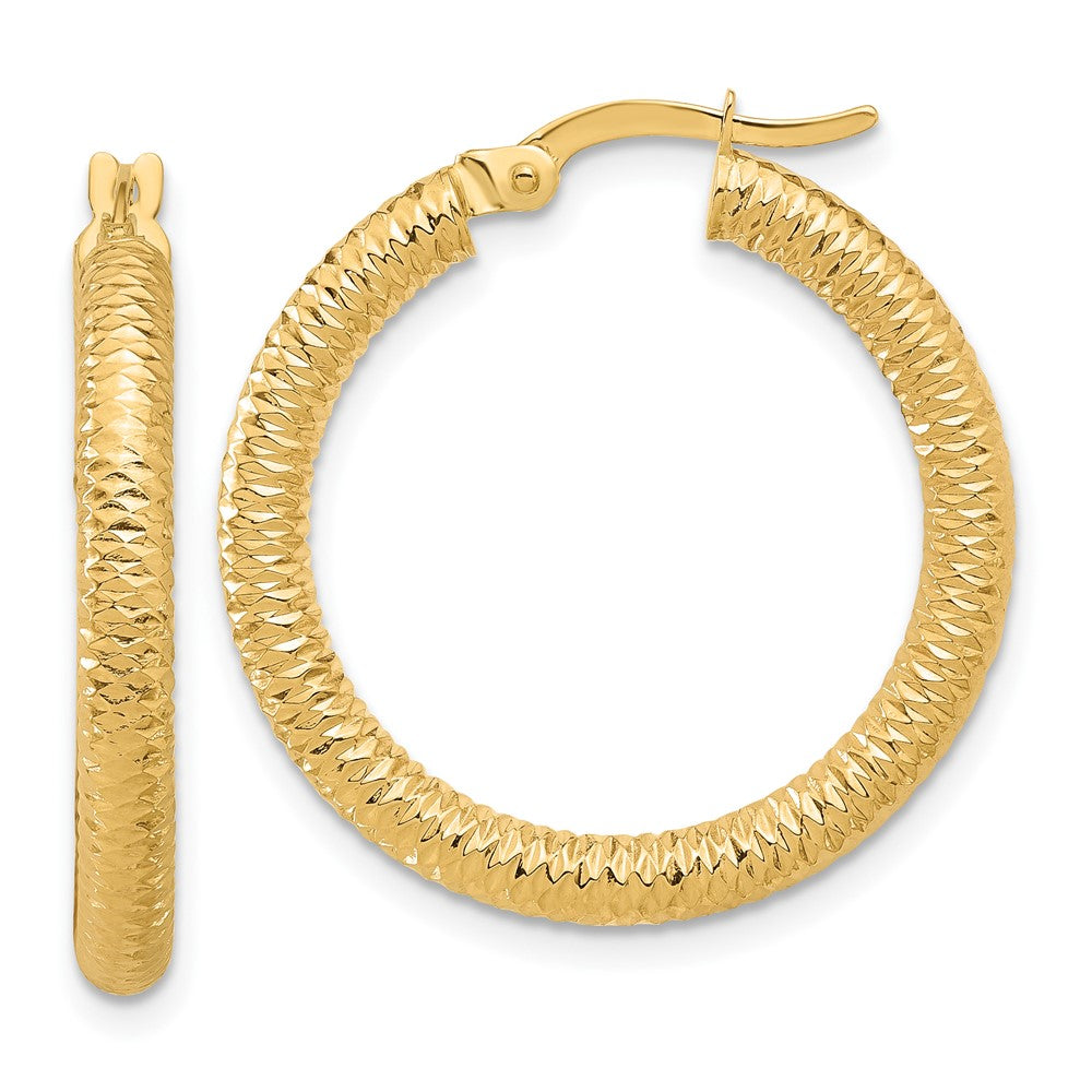 14k Yellow Gold Diamond-Cut Round Hoop Earrings