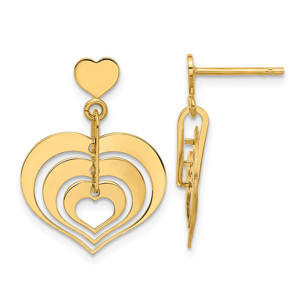 14k Yellow Gold Polished Hearts Dangle Earrings