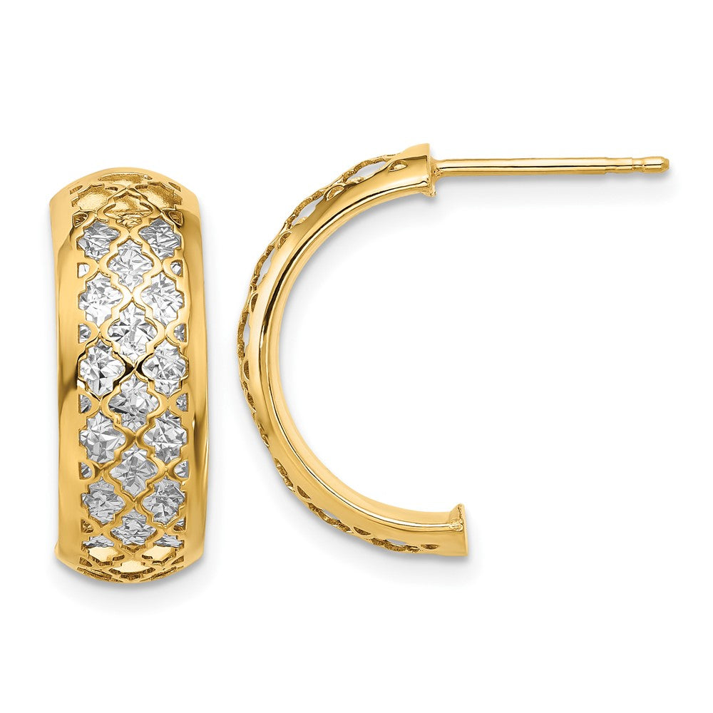 14k Yellow Gold with White Rhodium Polished and Diamond-cut J-Hoop Earrings