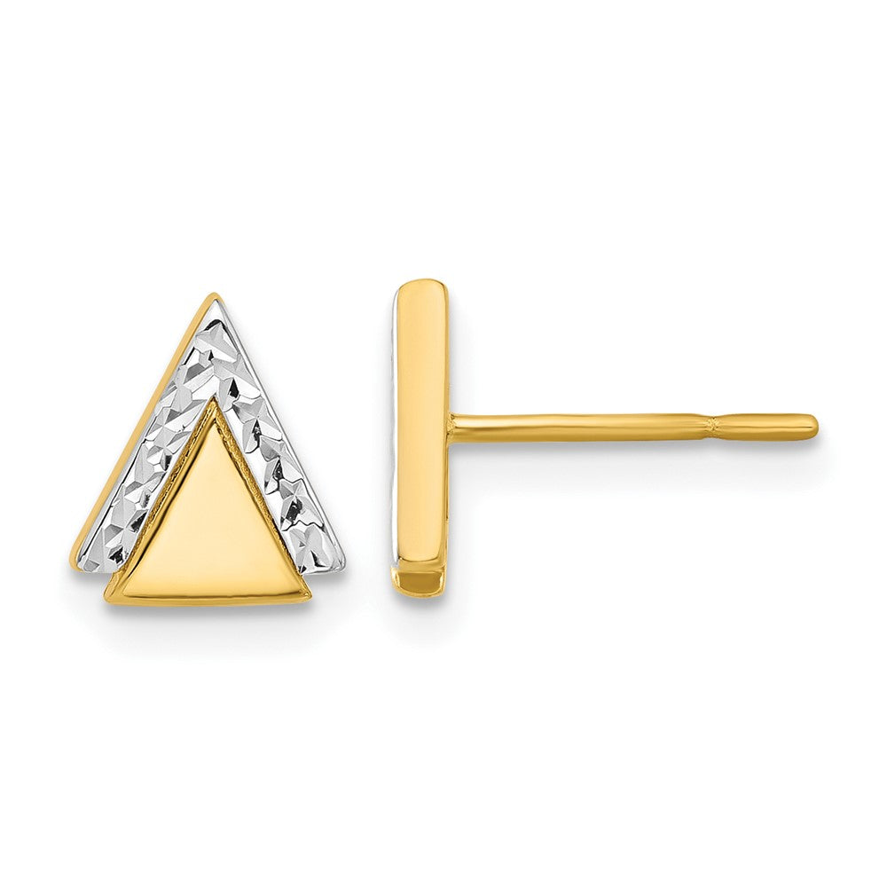 14k Yellow Gold with Rhodium Polished and Diamond-cut Triangle Stud Earrings