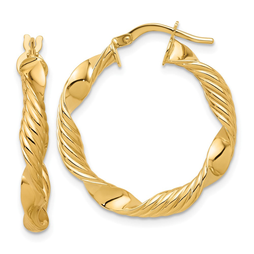 14k Yellow Gold Polished and Textured Round Hoop Earrings