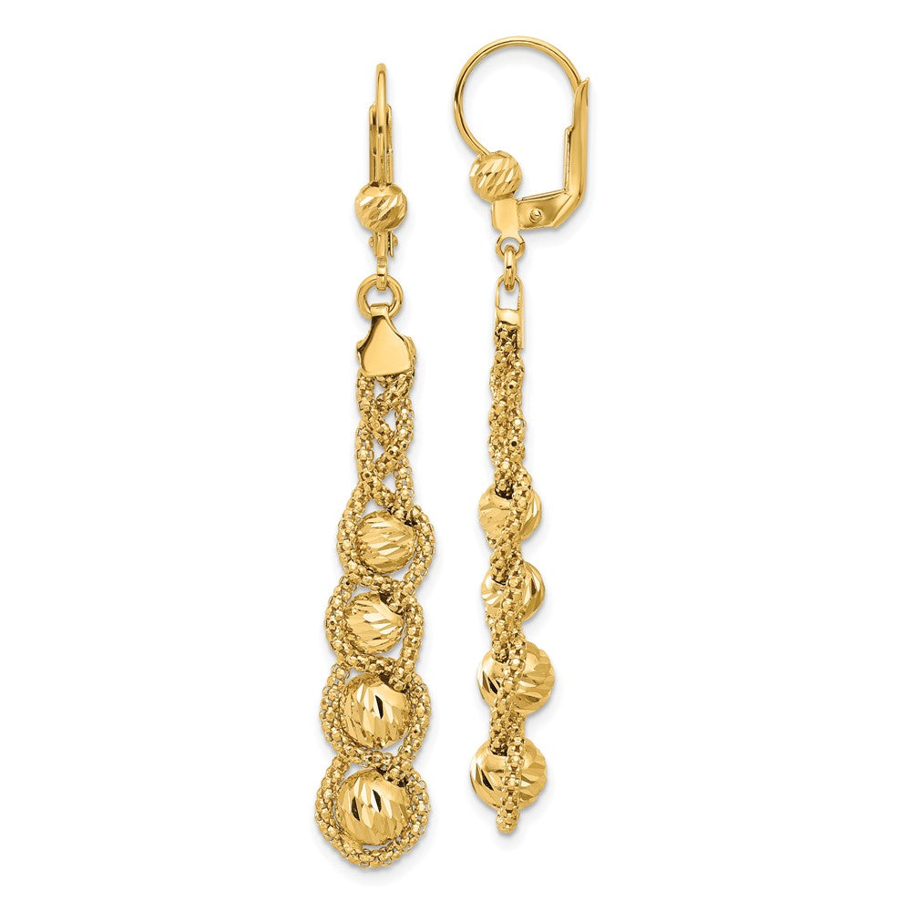 14k Yellow Gold Polished Textured and Diamond-cut Beaded Leverback Dangle Earrings