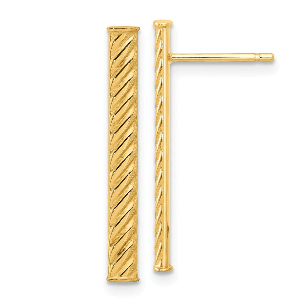 14k Yellow Gold Polished and Textured Bar Stud Earrings