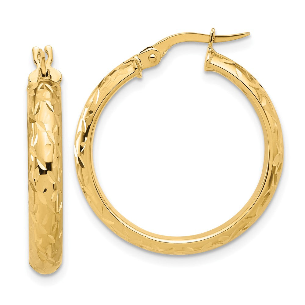 14k Yellow Gold Polished and Diamond-cut Round Hoop Earrings