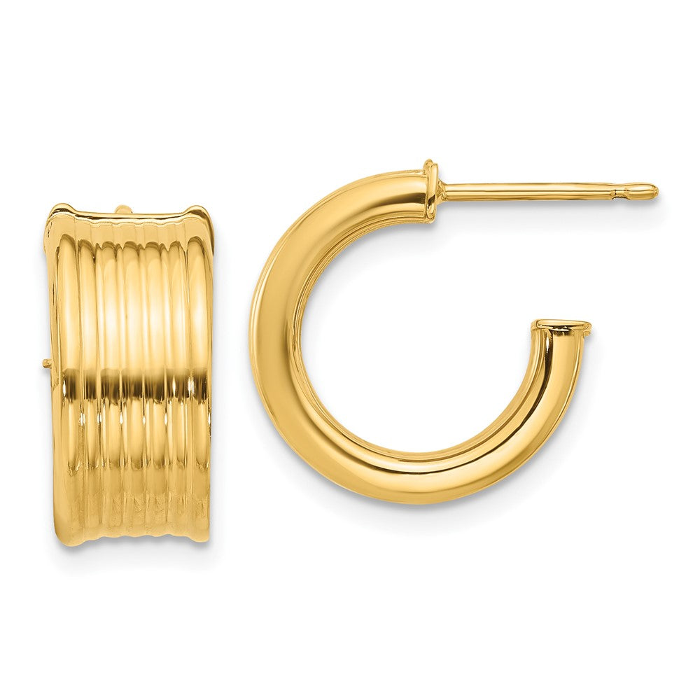 14k Yellow Gold Polished and Grooved J-Hoop Earrings