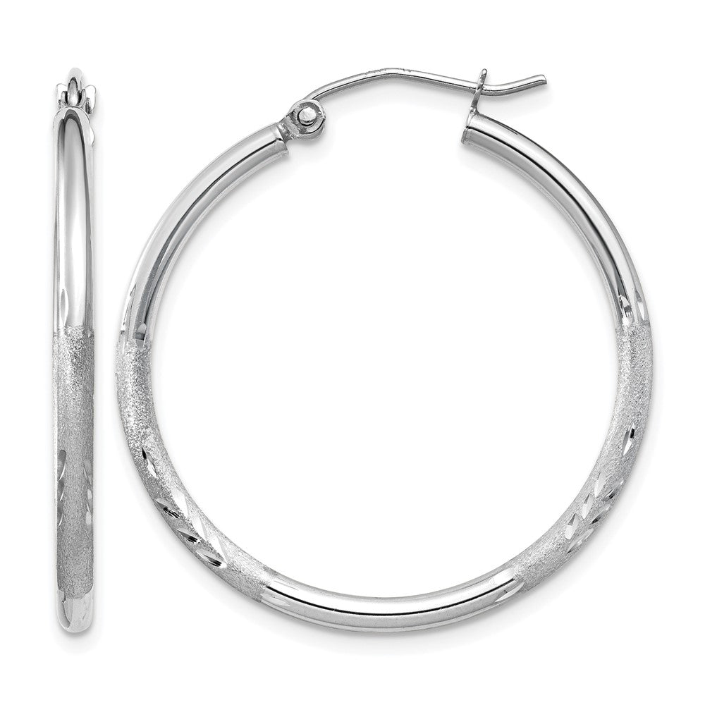 14k Gold Satin and Diamond-cut 2mm Round Tube Hoop Earrings L-30 mm, W-30 mm