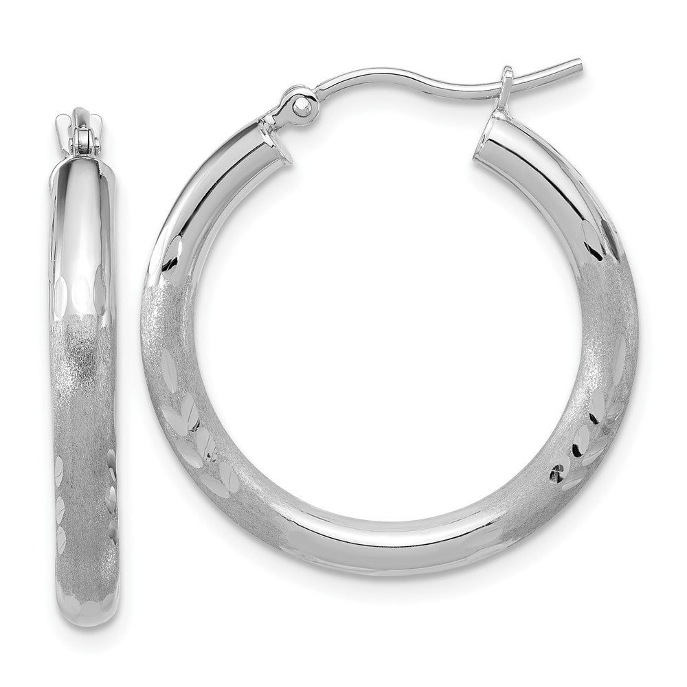 14k White Gold Satin and Diamond-Cut 3mm Round Hoop Earrings
