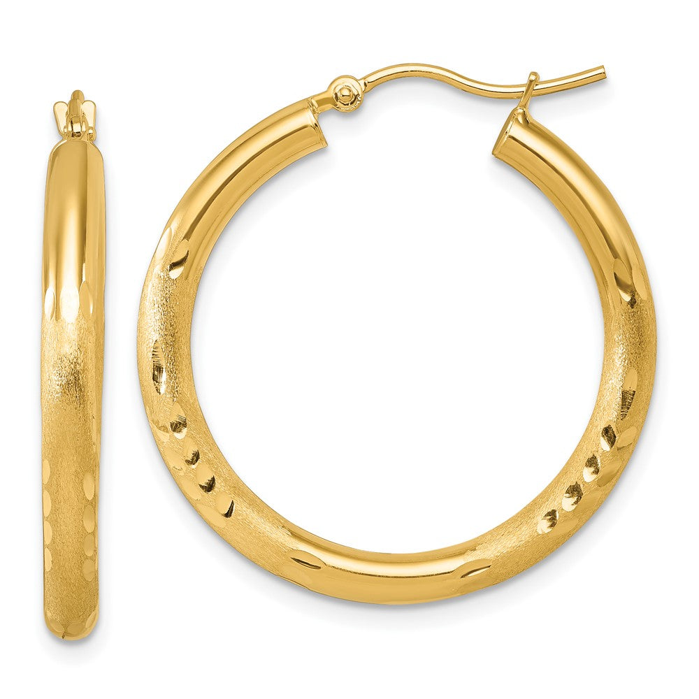 14k Yellow Gold Satin and Diamond-Cut 3mm Round Hoop Earrings