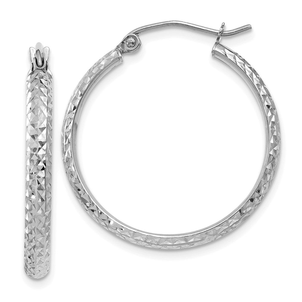 14k White Gold Diamond-Cut 2.8x25mm Hollow Hoop Earrings