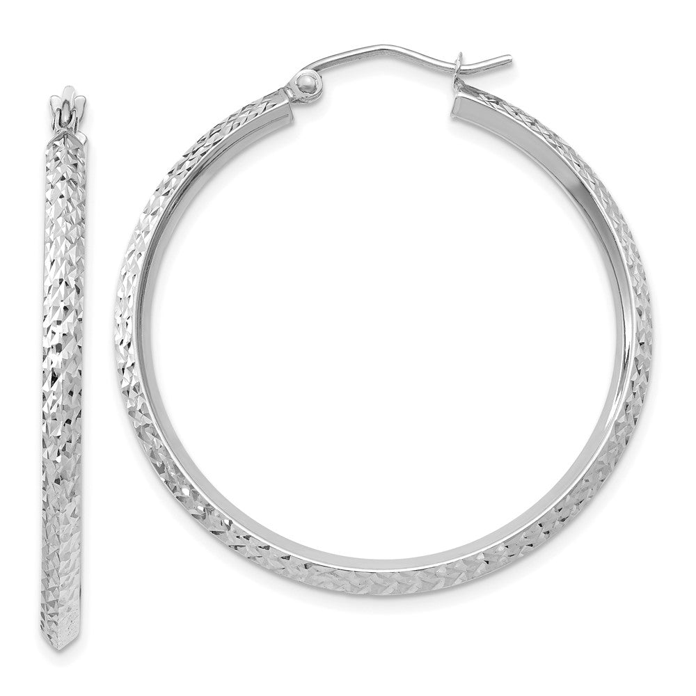 14k White Gold Knife Edge Diamond-Cut 2.5x35mm Hoop Earrings