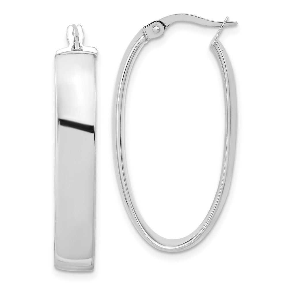 14K with White Rhodium Plating Polished Oval Hoop Earrings