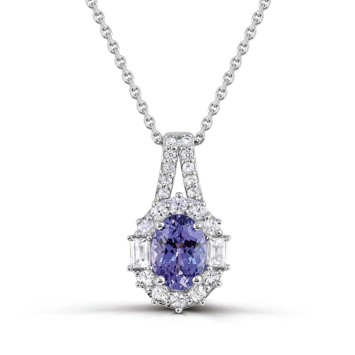 10K White Gold Tanzanite with White Zircon Pendant Necklace 18"