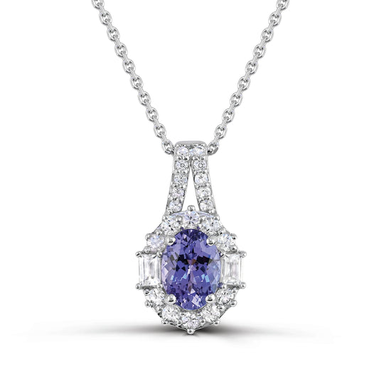 10K White Gold Tanzanite with White Zircon Pendant Necklace 18"