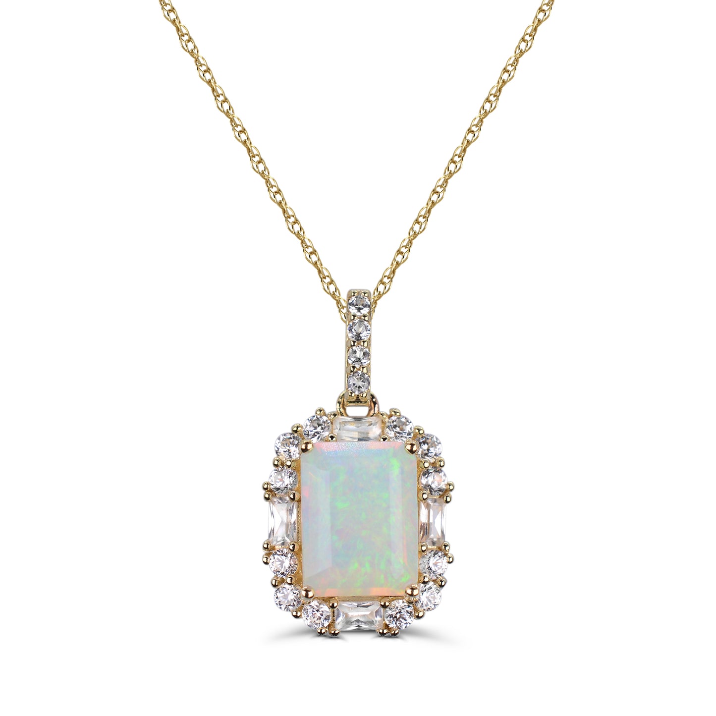 10K Yellow Gold Opal with White Zircon Pendant Necklace 18"