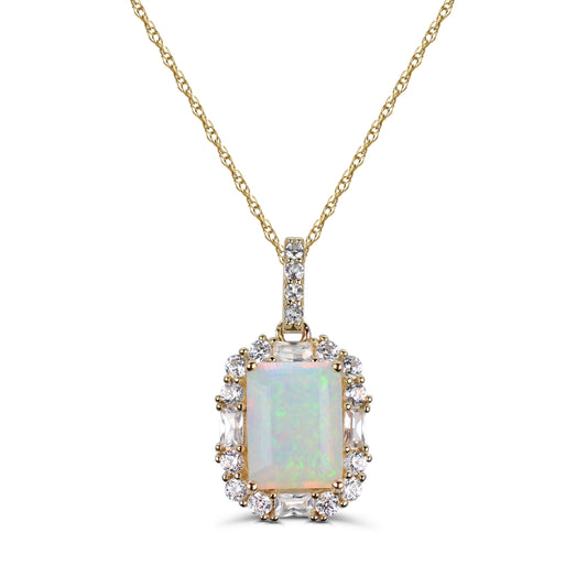 10K Yellow Gold Opal with White Zircon Pendant Necklace 18"