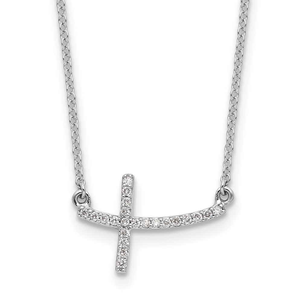 14k White Gold 1/10 Ct Diamond Curved Sideways Cross Necklace 18"