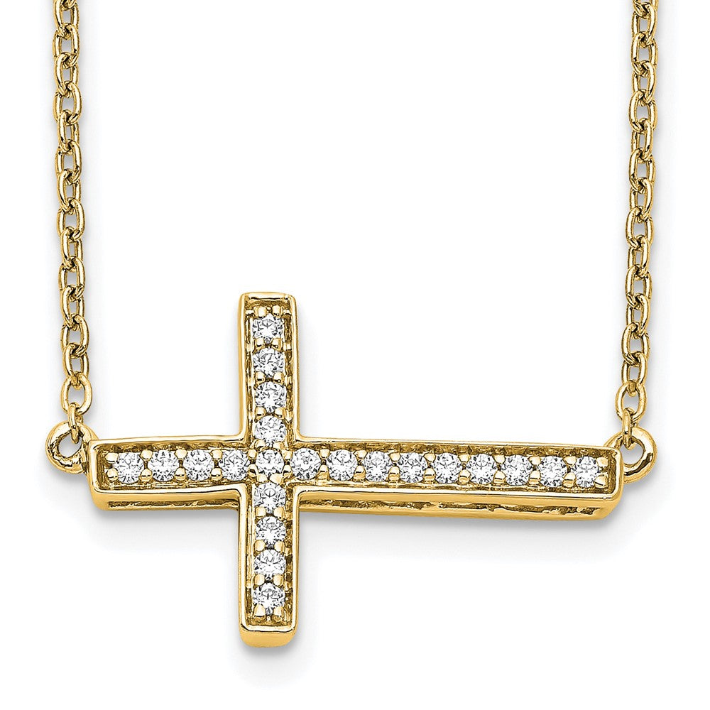 14k Yellow Gold Polished 1/6 Ct Diamond Sideways Cross Necklace 18"