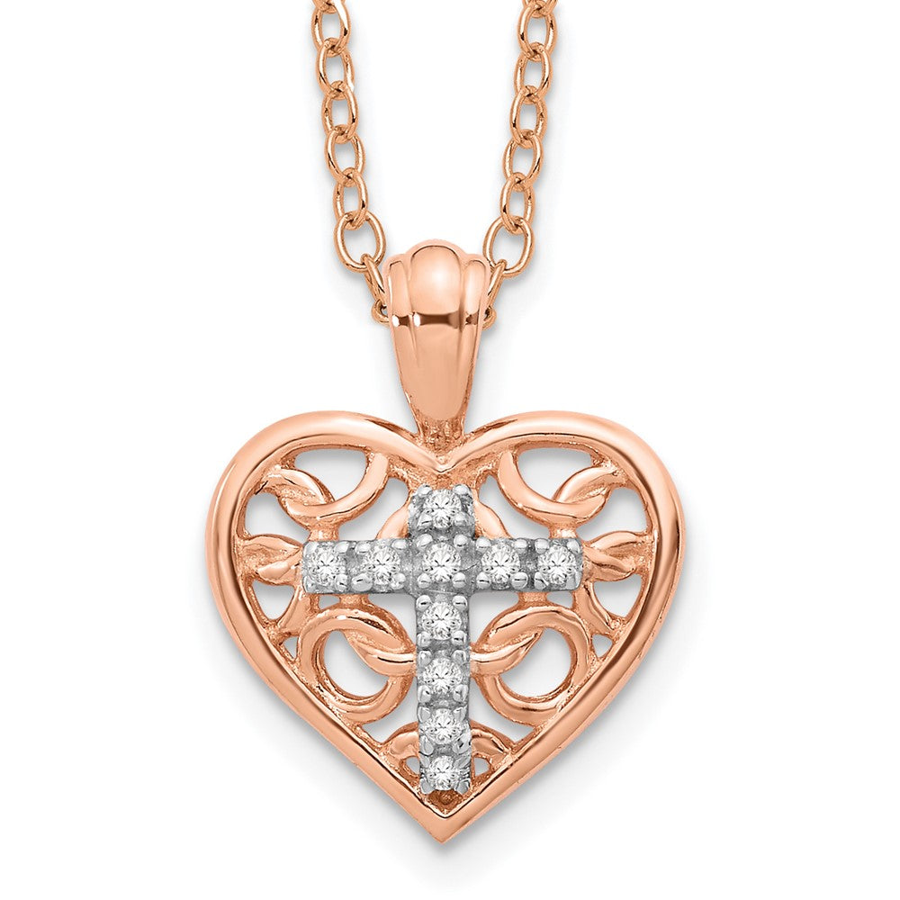 10K Rose Gold Diamond Heart Cross Pendant Necklace 18"