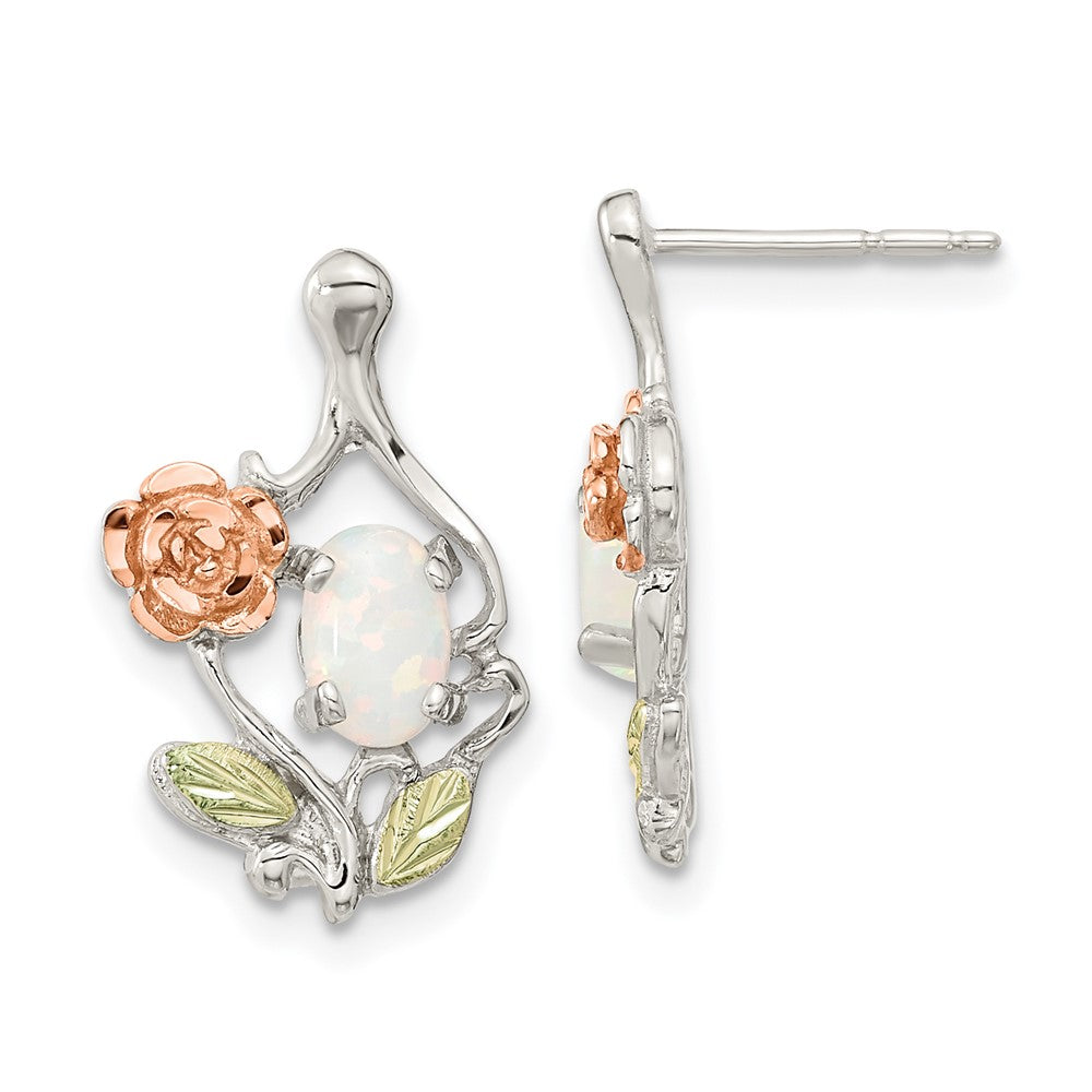 Sterling Silver 12K Gold Accents Rose and Lab Created White Opal Dangle Earrings