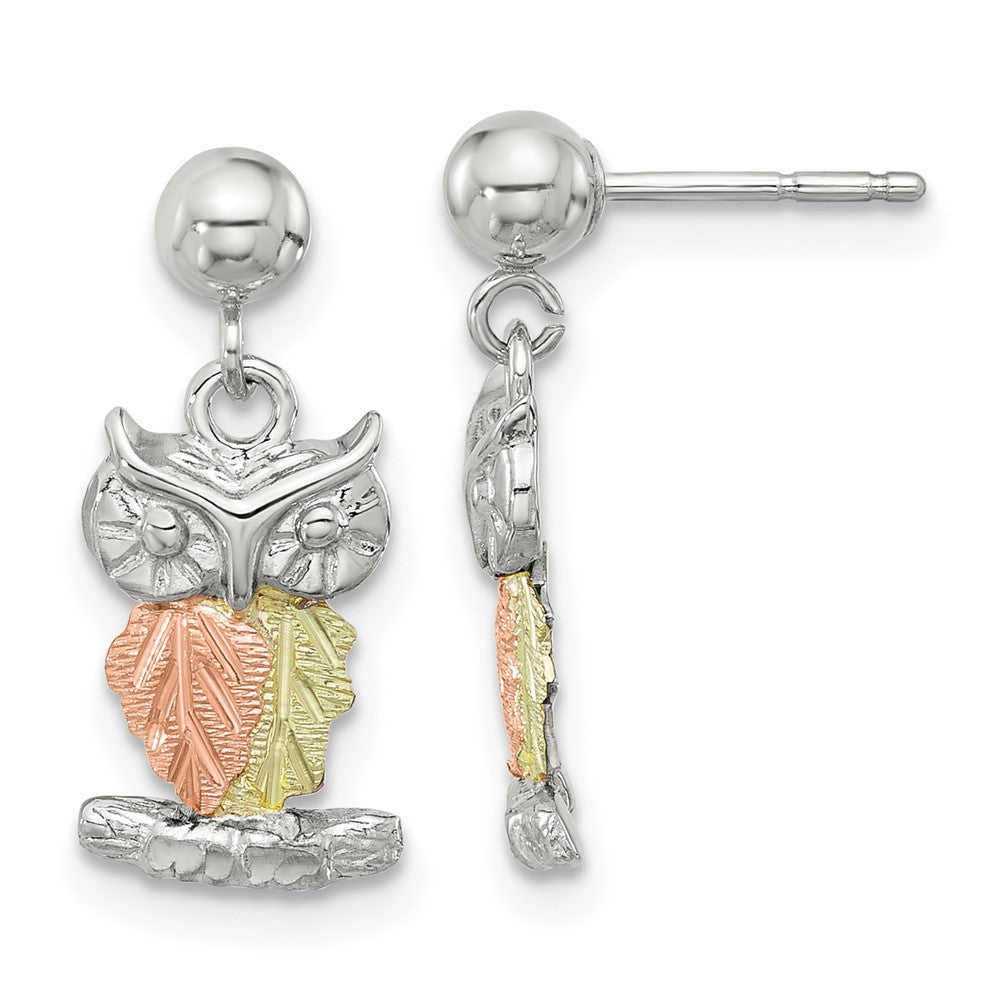 Sterling Silver Rhodium-plated 12K Accents Owl Earrings