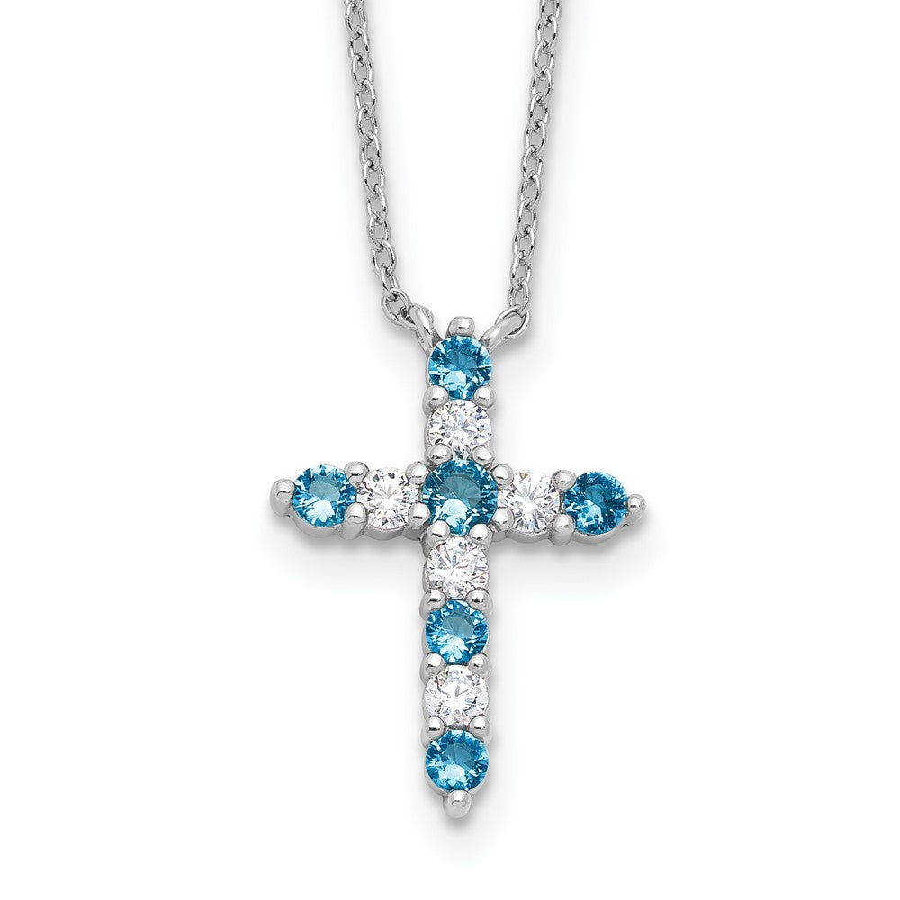 Sterling Silver Blue Cubic Zirconia Cross Pendant Necklace 17"