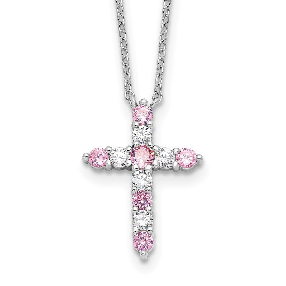 Sterling Silver Pink Cubic Zirconia Cross Pendant Necklace 17"