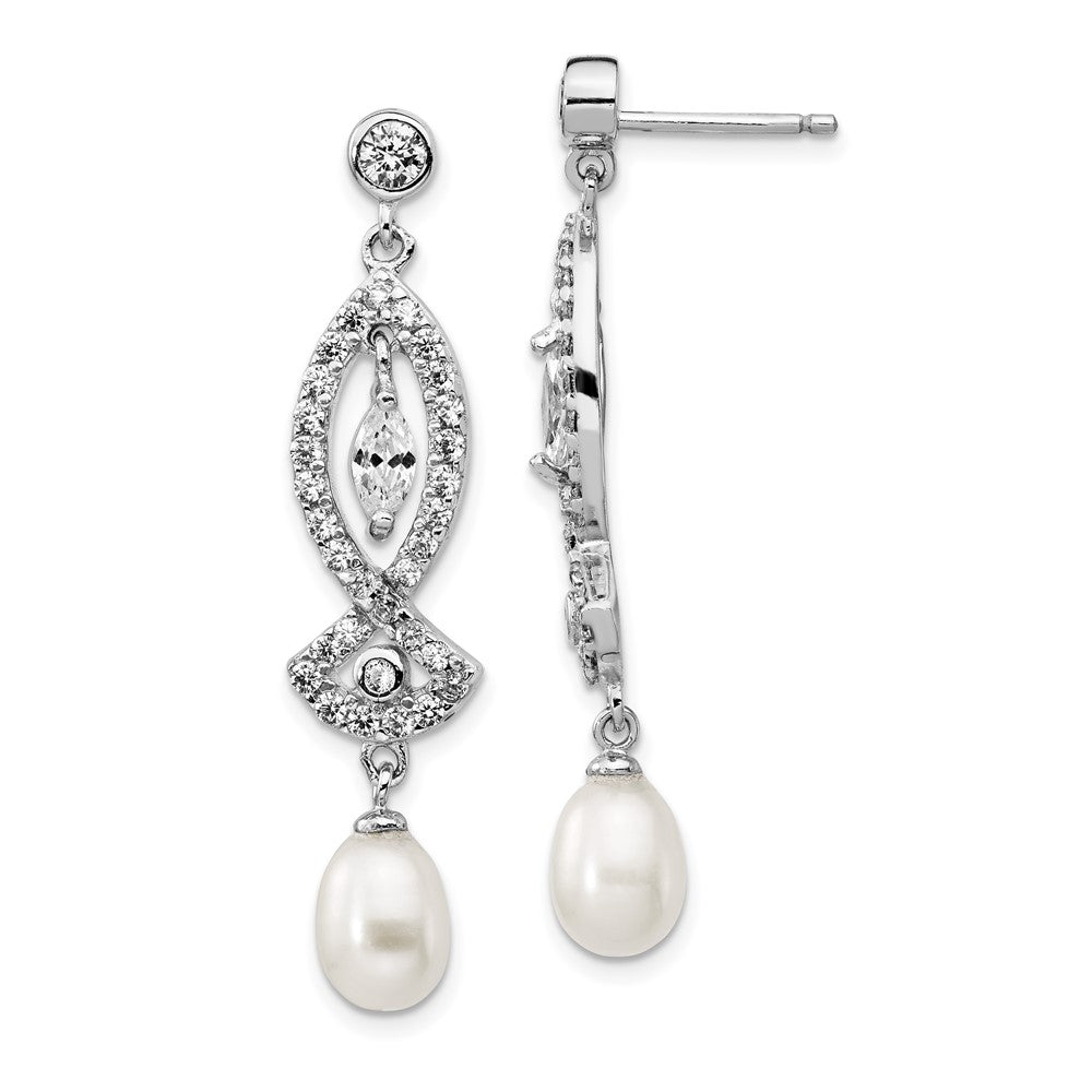Sterling Silver Rhodium-plated Teardrop Cultured Pearl and Marquise-cut CZ Dangle Earrings