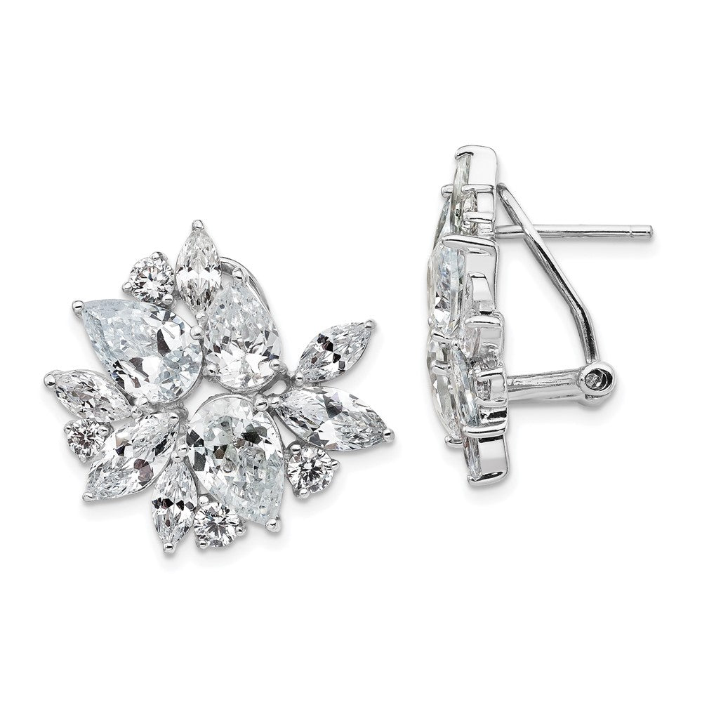 Sterling Silver Rhodium-plated & CZ Cluster Omega Back Earrings