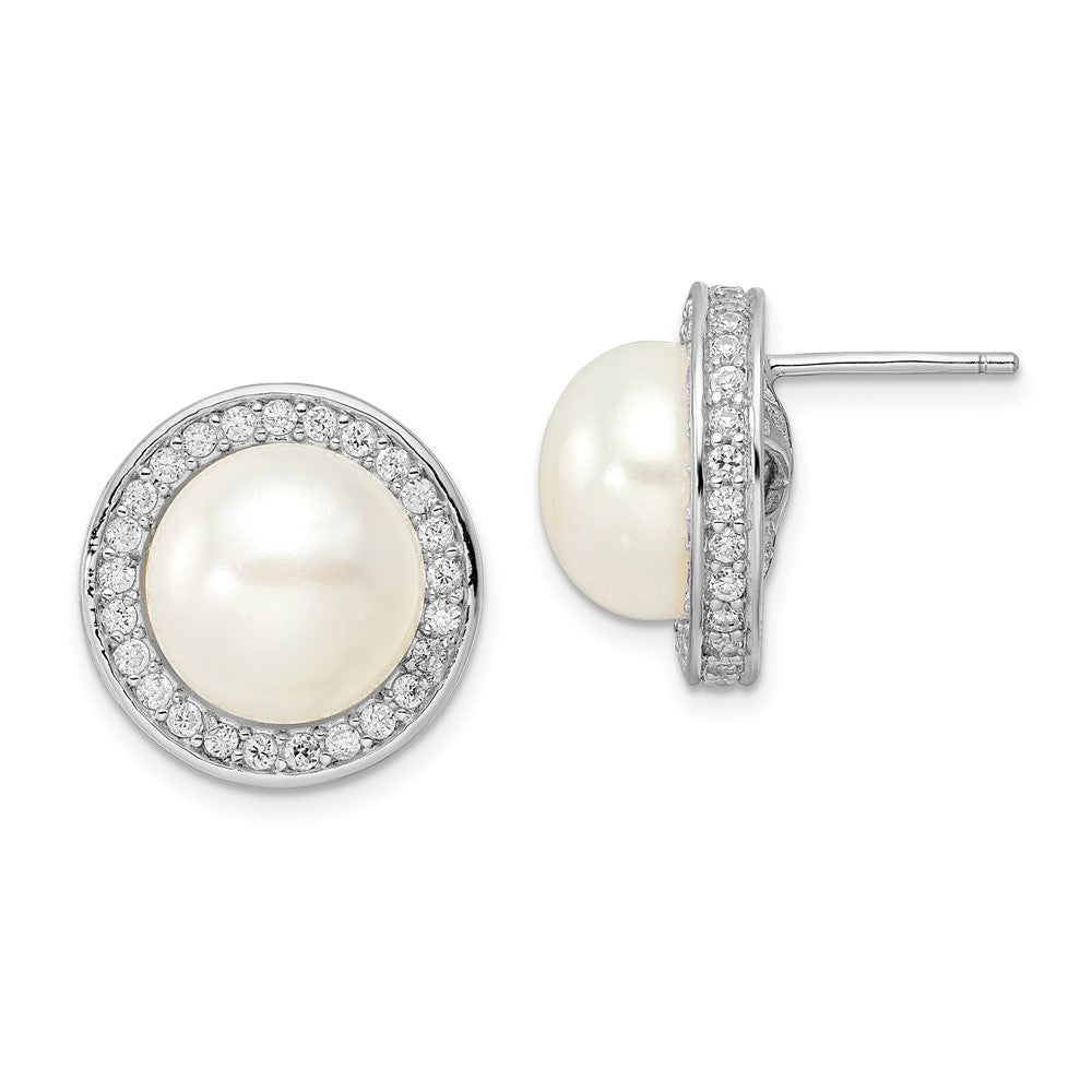 Sterling Silver Rhodium-plated 12mm Button Cultured Pearl and CZ Halo Earrings