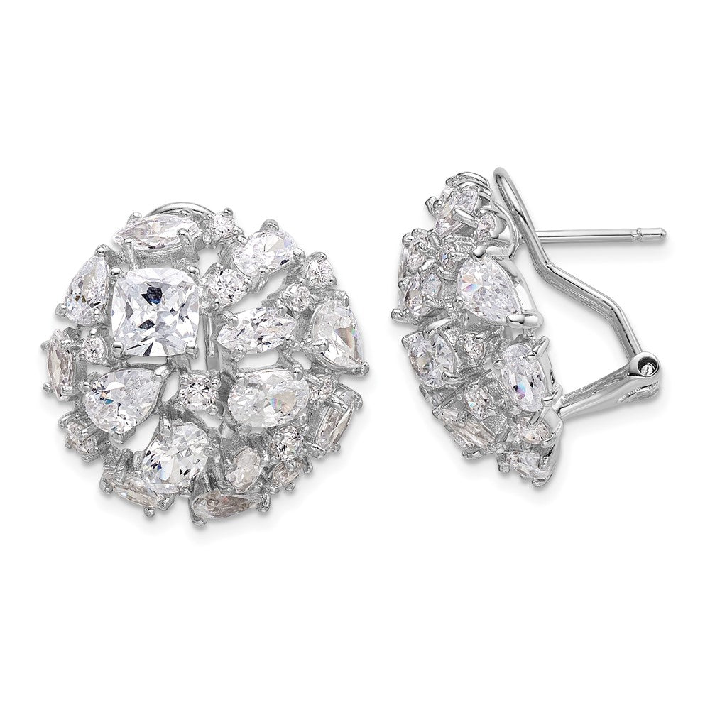 Sterling Silver Rhodium-plated Cushion-cut & CZ Cluster Dome Omega Back Earrings