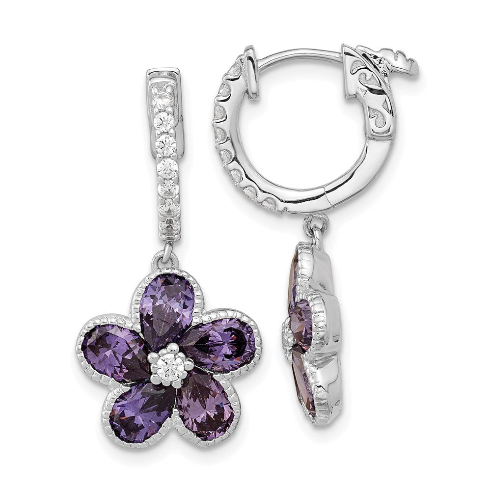 Sterling Silver Rhodium-plated Purple and White CZ Flower Hinged Hoop Dangle Earrings
