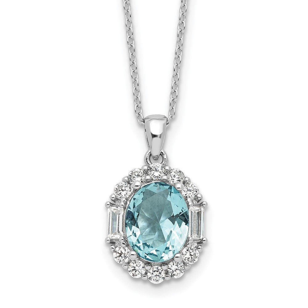 Sterling Silver Blue & White and Emerald-cut CZ Oval Necklace 20"