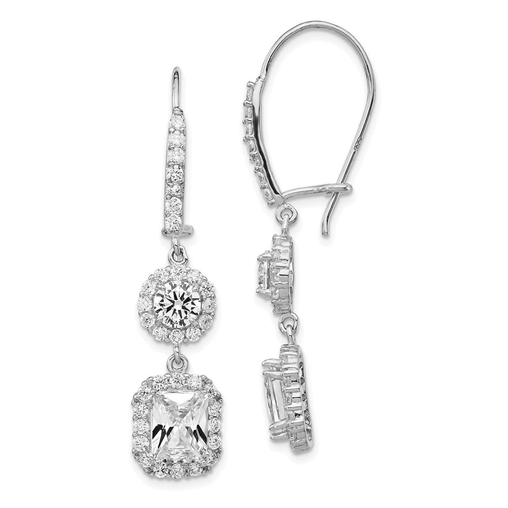 Sterling Silver Rhodium-plated Elongated Cushion-cut and CZ Halo Kidney Wire Dangle Earrings