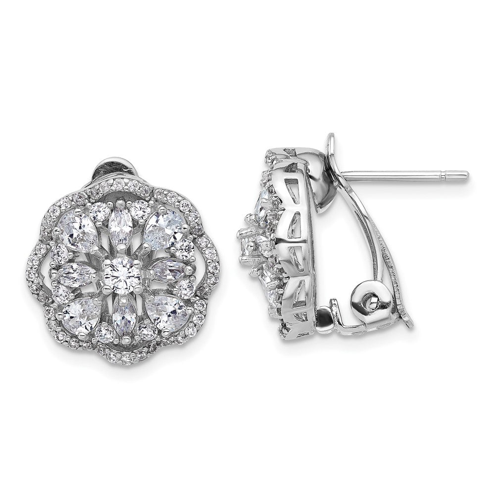 Sterling Silver Rhodium-plated and CZ Flower Omega Earrings