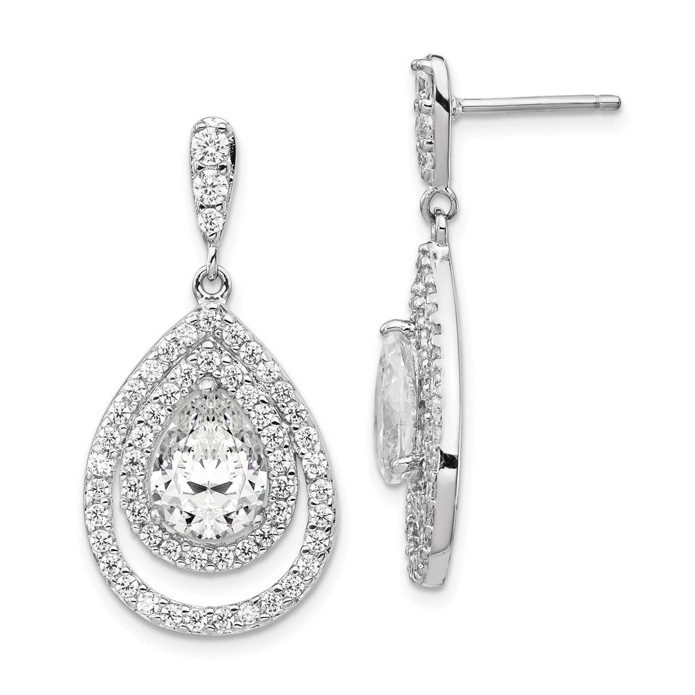 Sterling Silver Rhodium-plated Pear Shaped CZ Double Halo Dangle Earrings