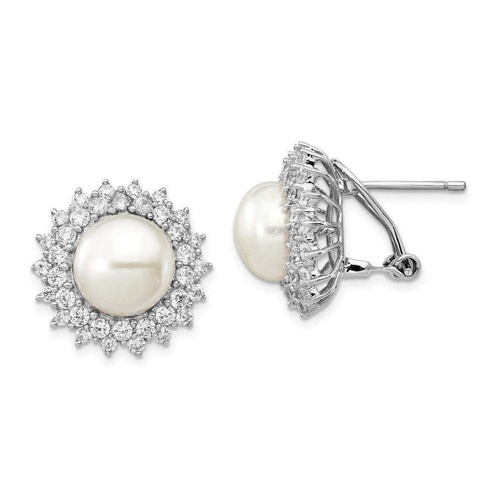 Sterling Silver Rhodium-plated Cultured Pearl and CZ Omega Back Earrings